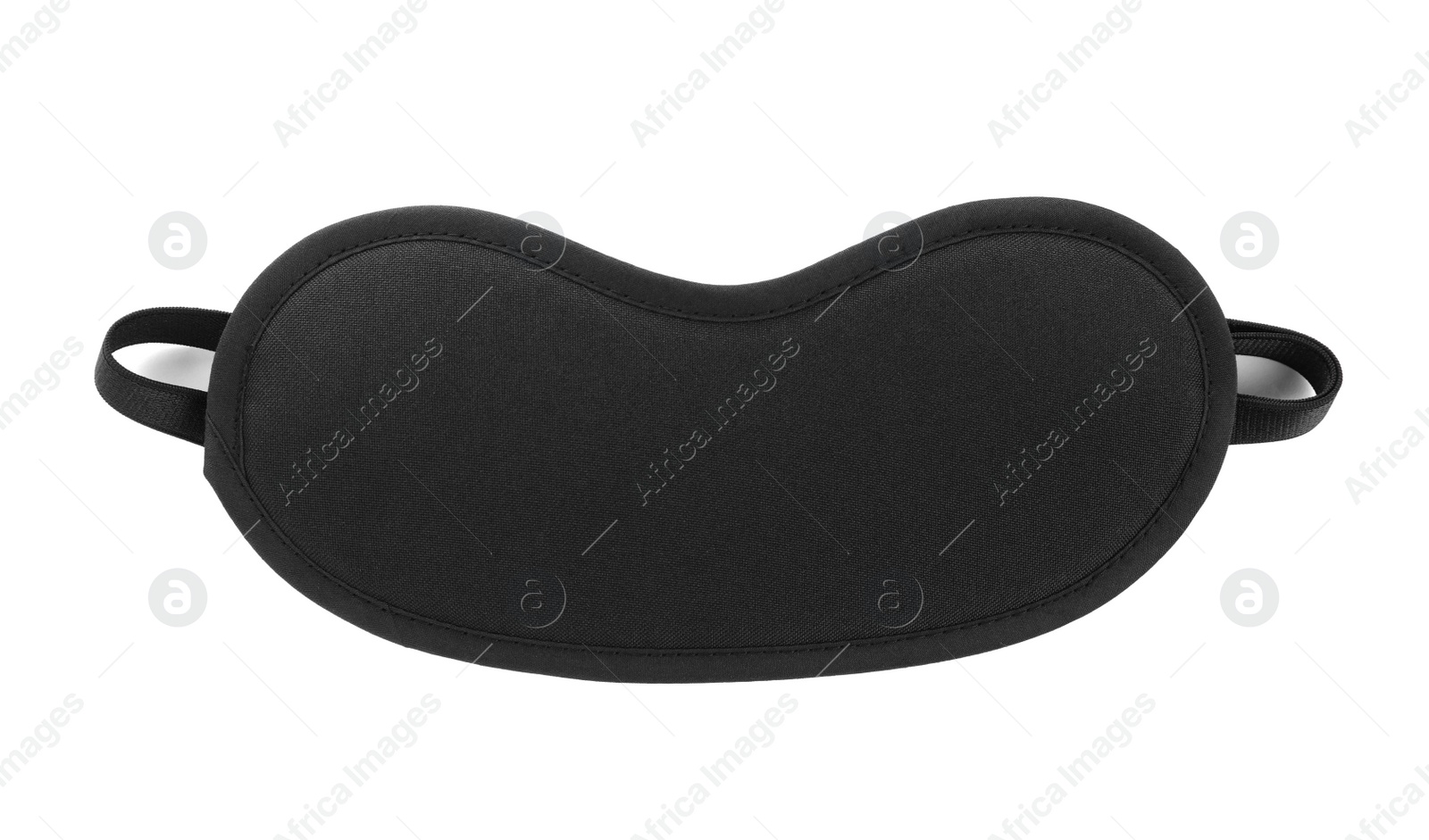 Photo of Black sleeping eye mask isolated on white, top view. Bedtime