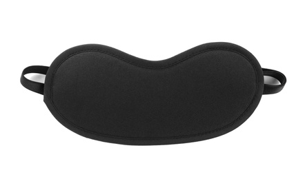 Photo of Black sleeping eye mask isolated on white, top view. Bedtime