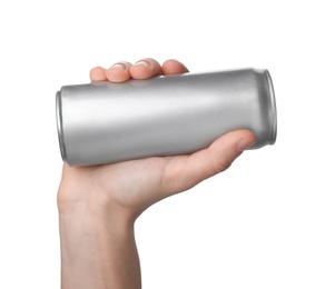 Photo of Man holding aluminum can with beverage on white background, closeup. Space for design