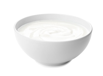 Bowl with yummy yogurt on white background