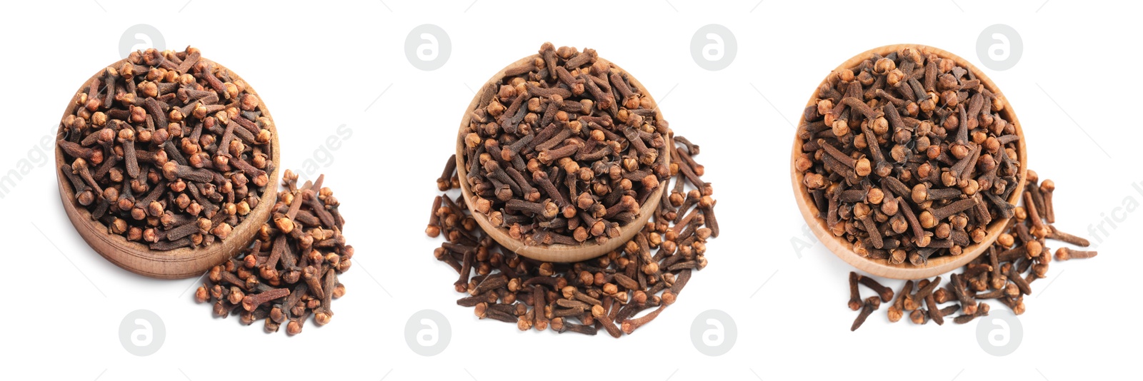 Image of Set with aromatic dried cloves on white background, top view. Banner design