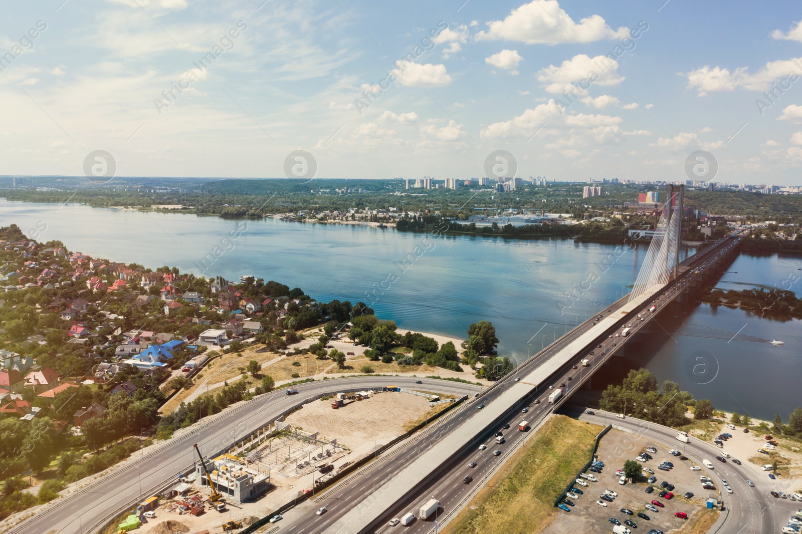 Image of Aerial view of city district on riverside