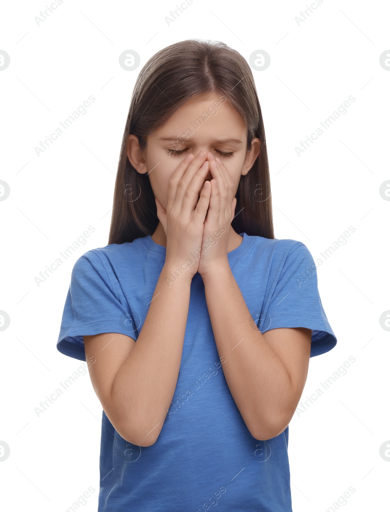 Photo of Sick girl coughing on white background. Cold symptoms