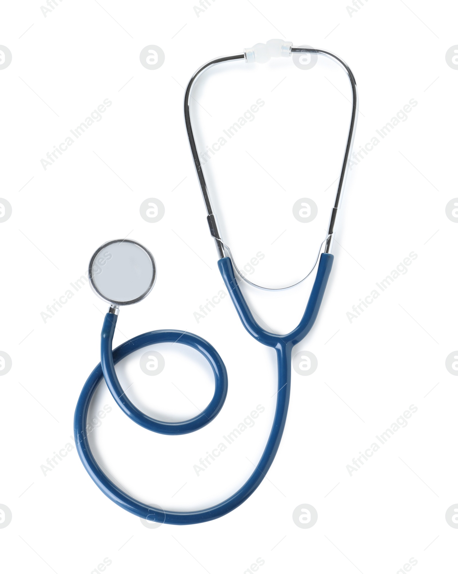 Photo of Stethoscope on white background, top view. Medical device