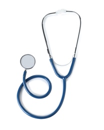 Photo of Stethoscope on white background, top view. Medical device