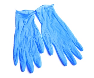 Photo of Medical gloves on white background, top view