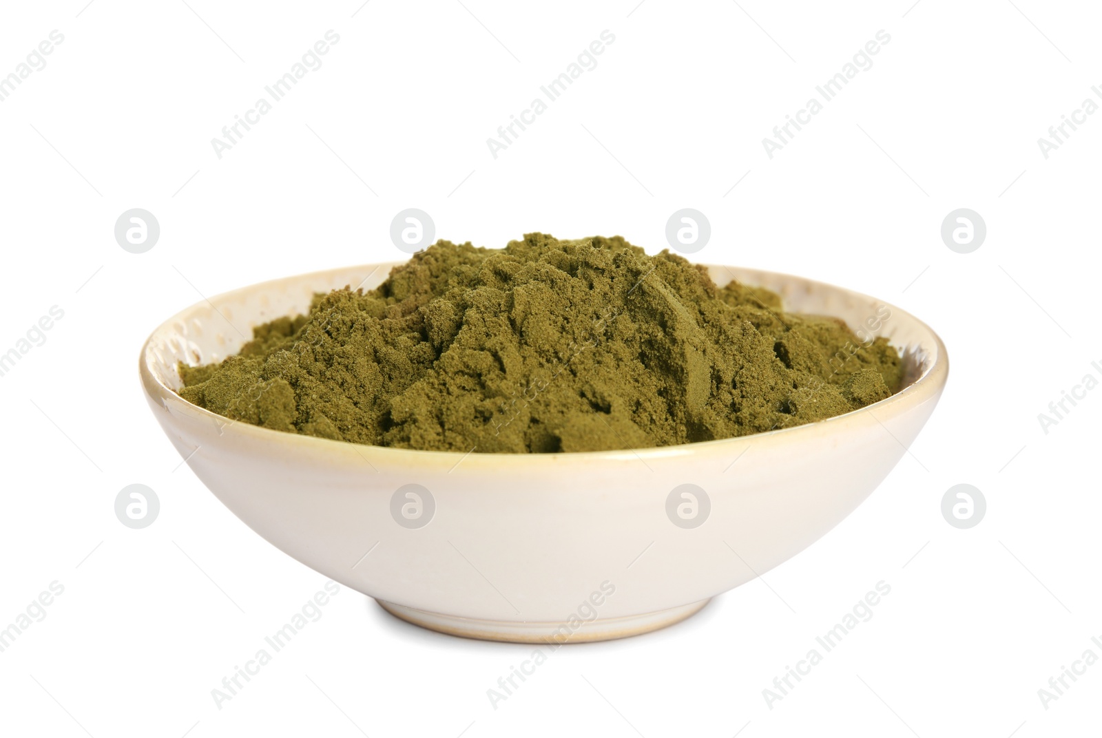 Photo of Plate with hemp protein powder isolated on white