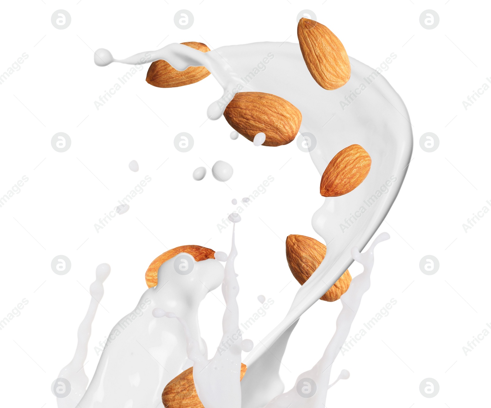 Image of Delicious almond milk and nuts on white background