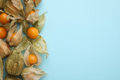 Photo of Ripe physalis fruits with calyxes on light blue background, flat lay. Space for text