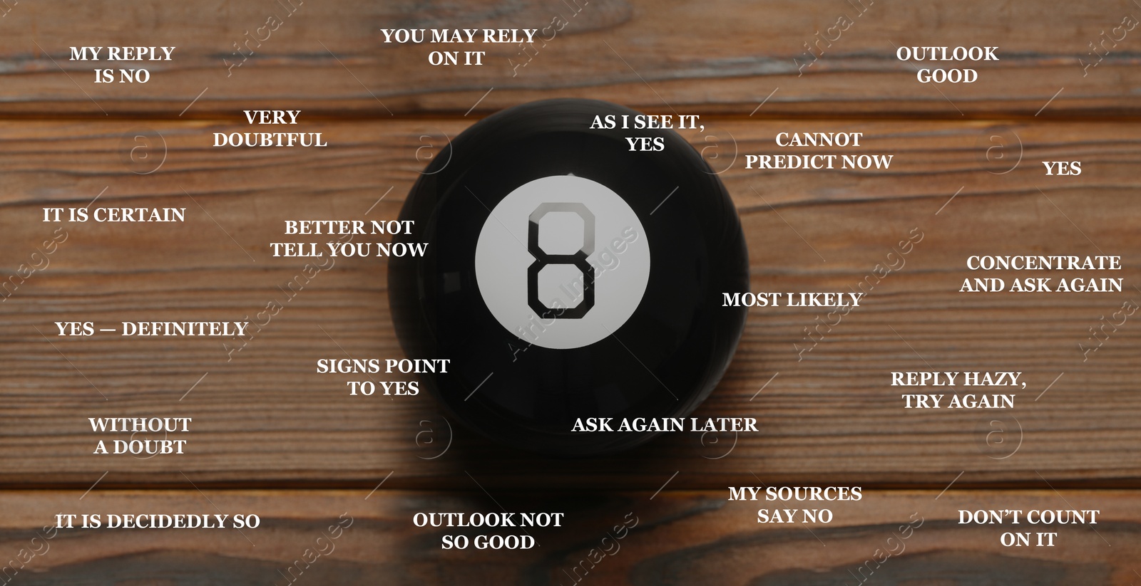 Image of Magic eight ball on wooden table and different predictions around it. Banner design