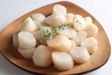 Photo of Fresh raw scallops and thyme on white table, closeup