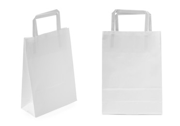 Image of Two paper bags on white background, collage