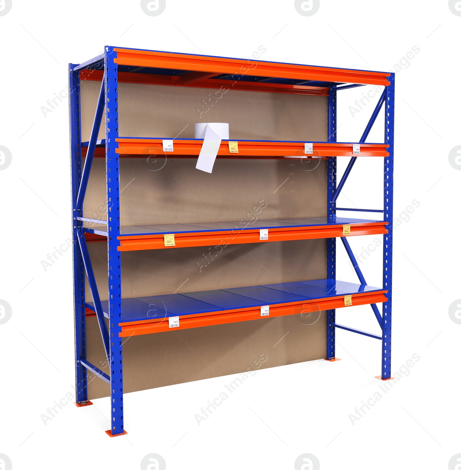 Photo of Almost empty shelves on white background. Product deficiency due to social panic