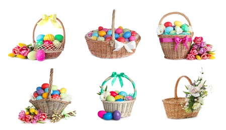 Set with wicker baskets on white background, banner design. Easter item