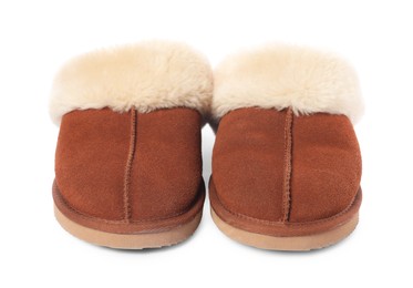 Pair of soft slippers with fur isolated on white