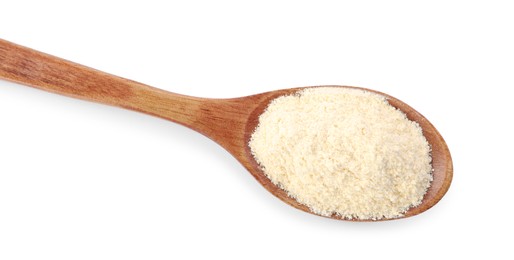 Photo of Wooden spoon with quinoa flour on white background