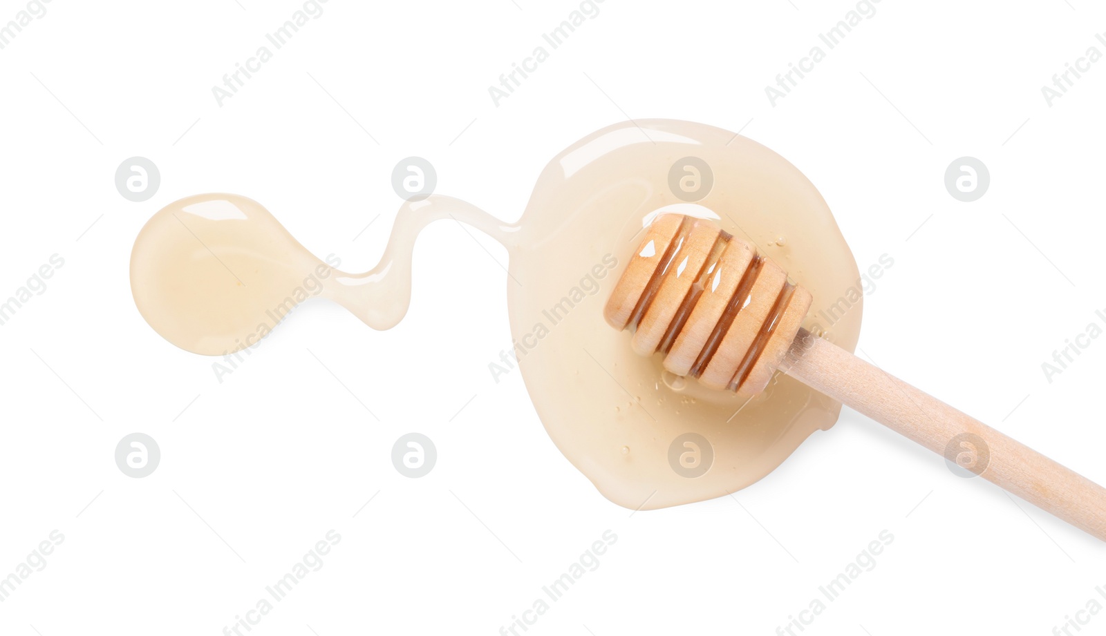 Photo of Tasty natural honey and dipper on white background, top view