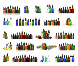 Image of Set with bottles of different essential oils on white background