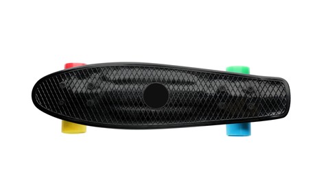Photo of Black skateboard with colorful wheels isolated on white, top view. Sport equipment