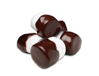 Photo of Tasty marshmallows dipped into chocolate on white background