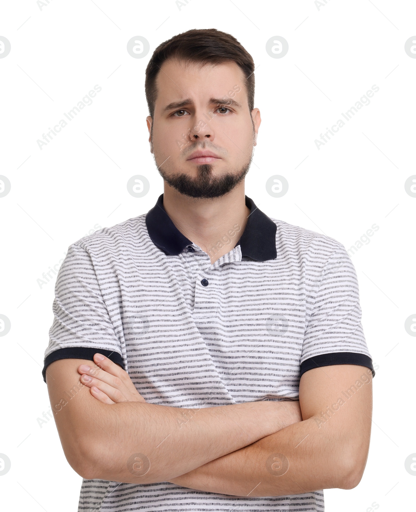 Photo of Portrait of sad man with crossed arms on white background