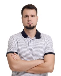 Portrait of sad man with crossed arms on white background