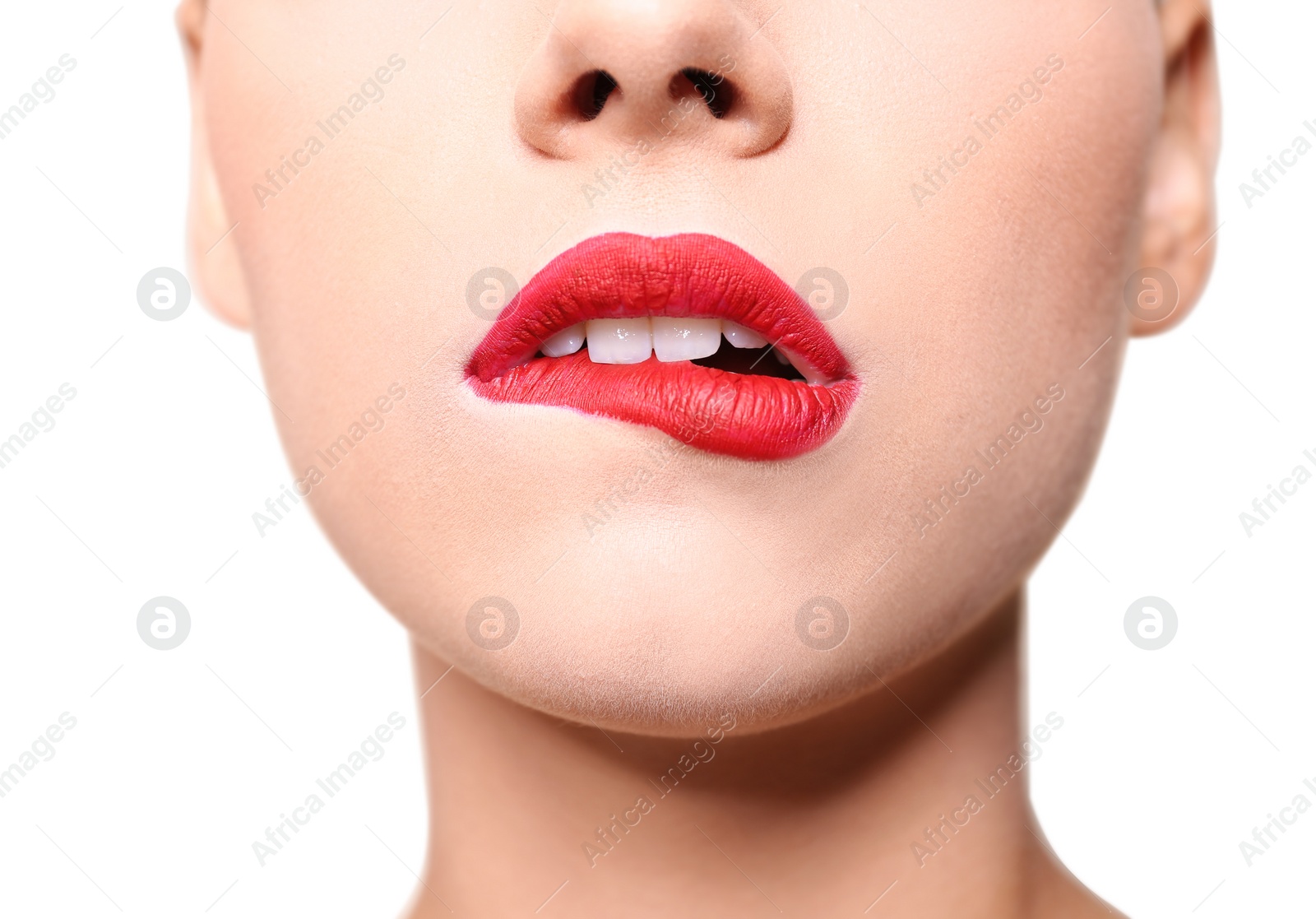 Photo of Beautiful young woman with red lips on color background, closeup