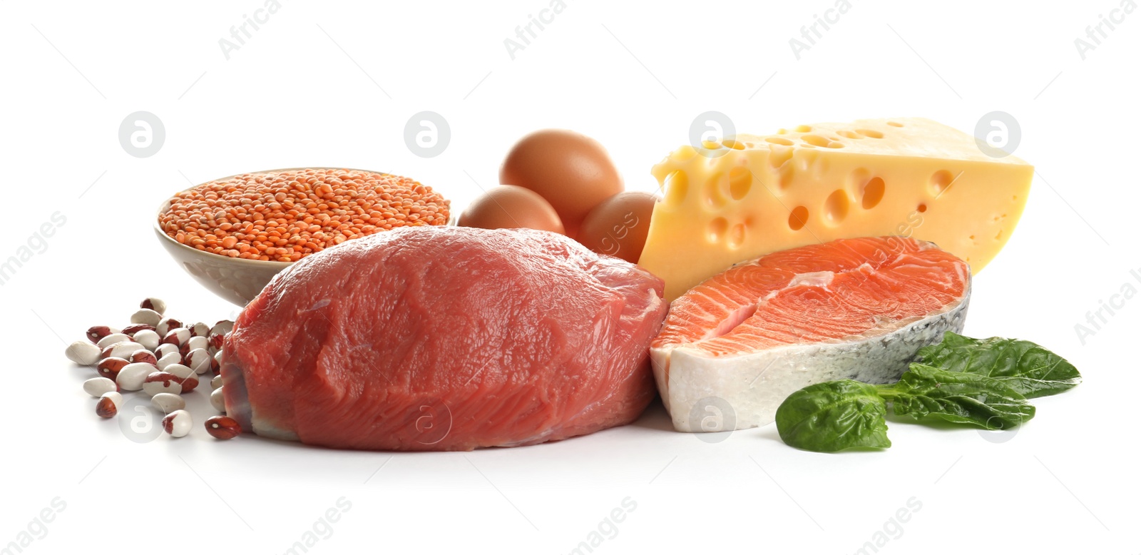 Photo of Set of natural food high in protein on white background