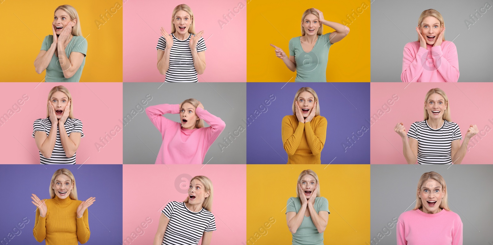 Image of Collage with photos of surprised woman on different color backgrounds