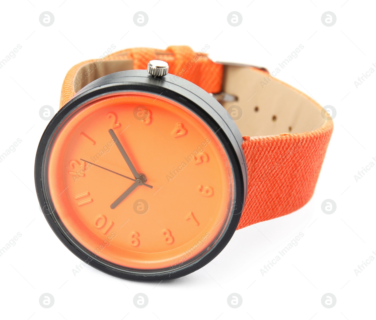 Photo of Stylish wrist watch on white background. Fashion accessory