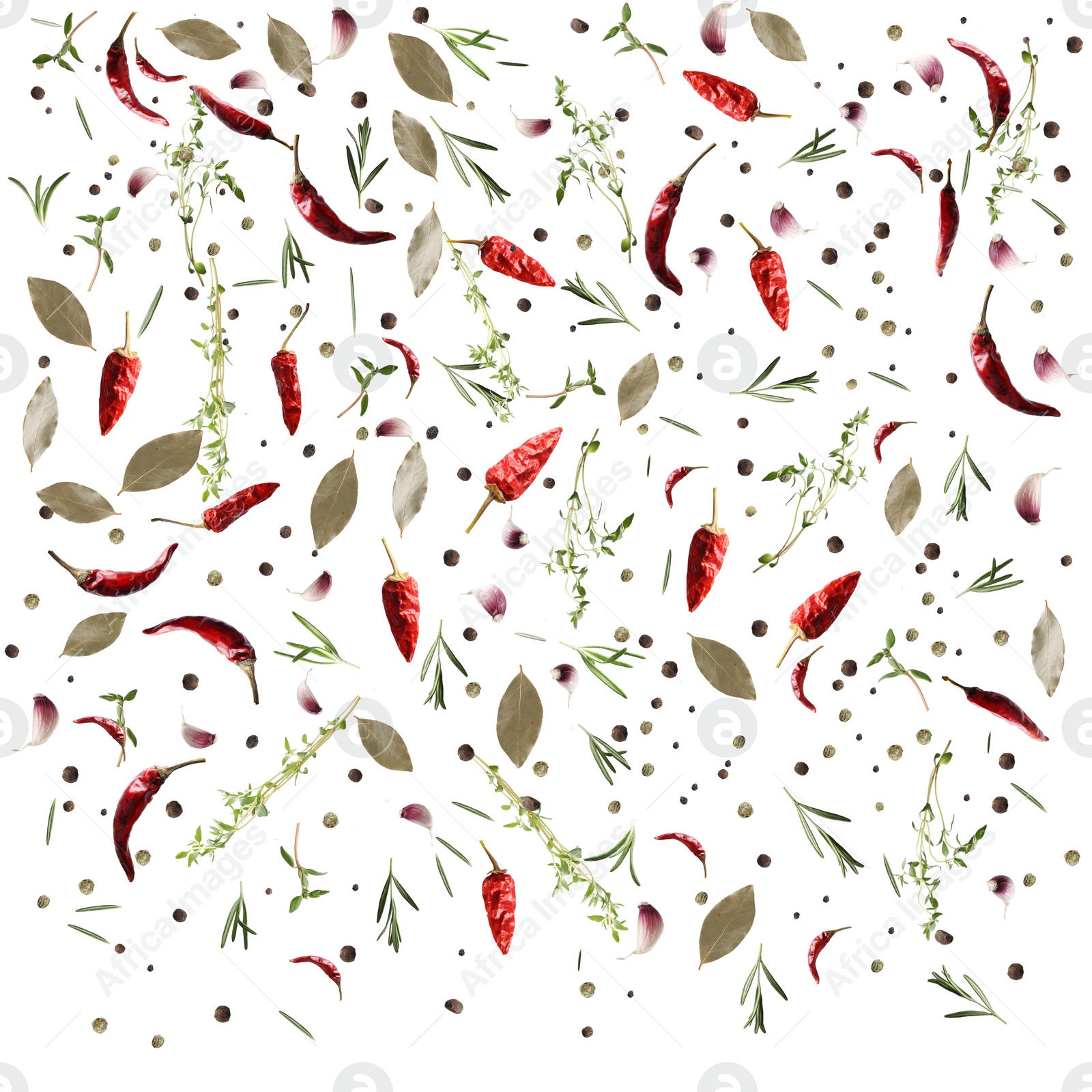 Image of Many different spices flying on white background