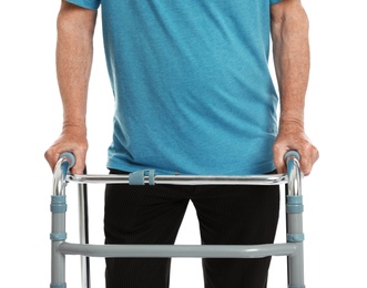 Photo of Elderly man using walking frame isolated on white, closeup