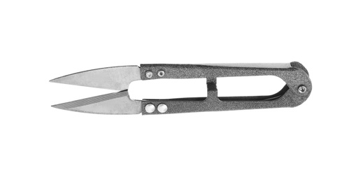 Photo of Pair of sewing scissors on white background