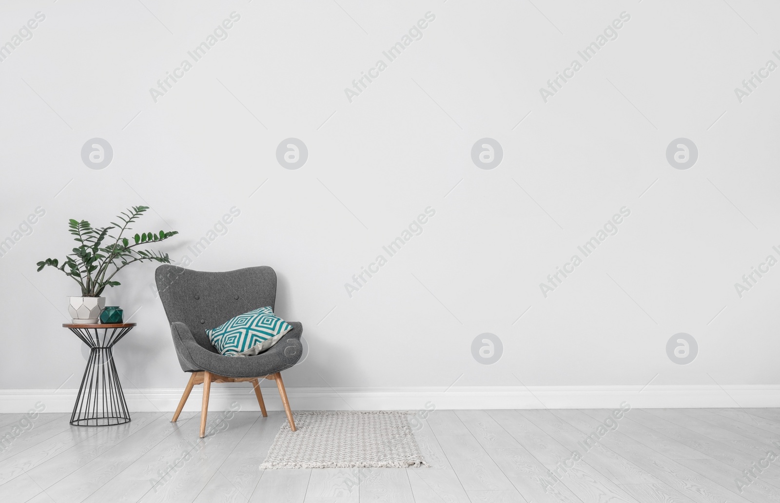 Photo of Stylish room interior with comfortable armchair and plant near white wall. Space for text