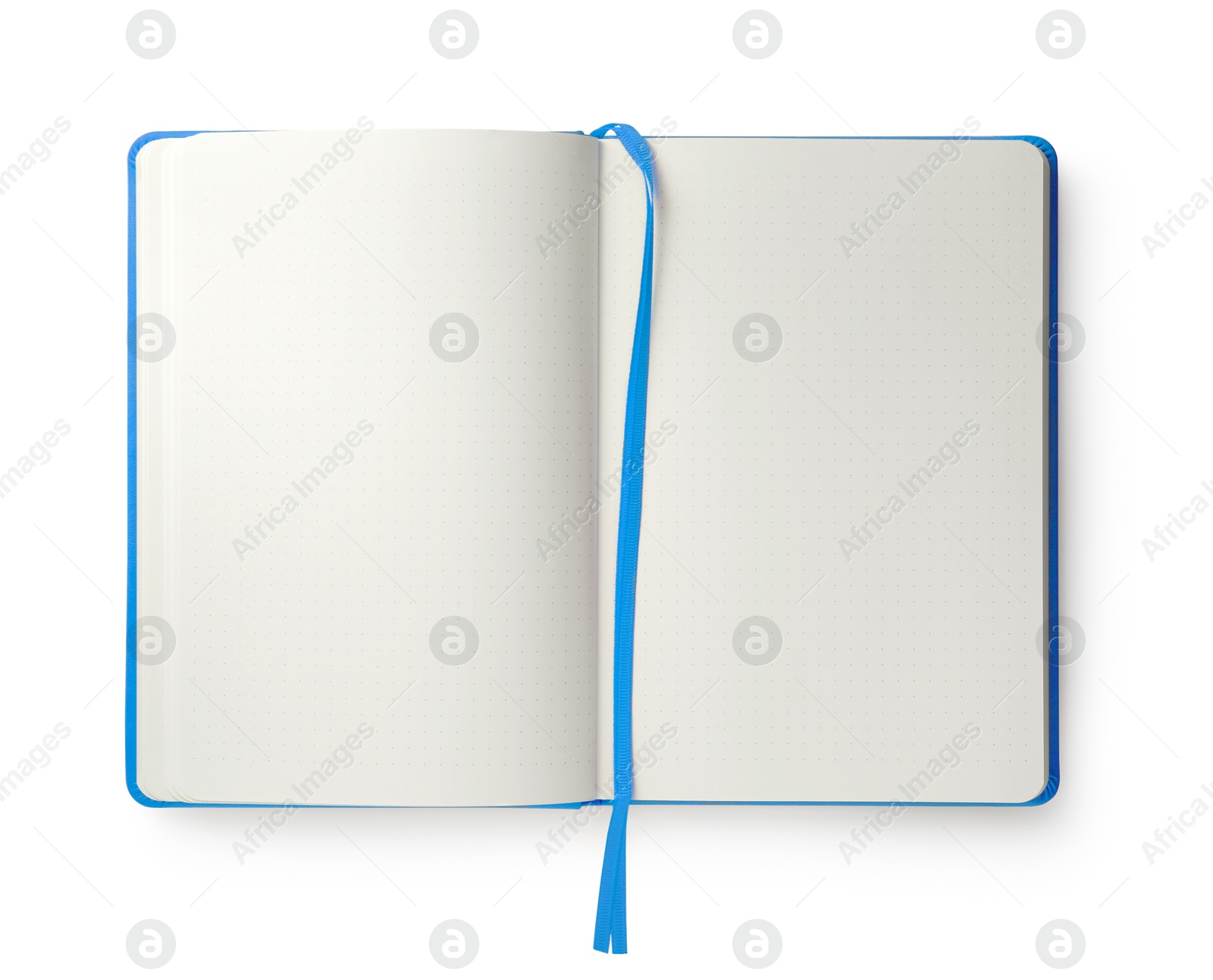 Image of Open blank light blue notebook isolated on white, top view