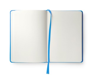 Image of Open blank light blue notebook isolated on white, top view