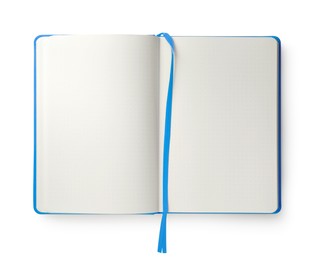 Open blank light blue notebook isolated on white, top view