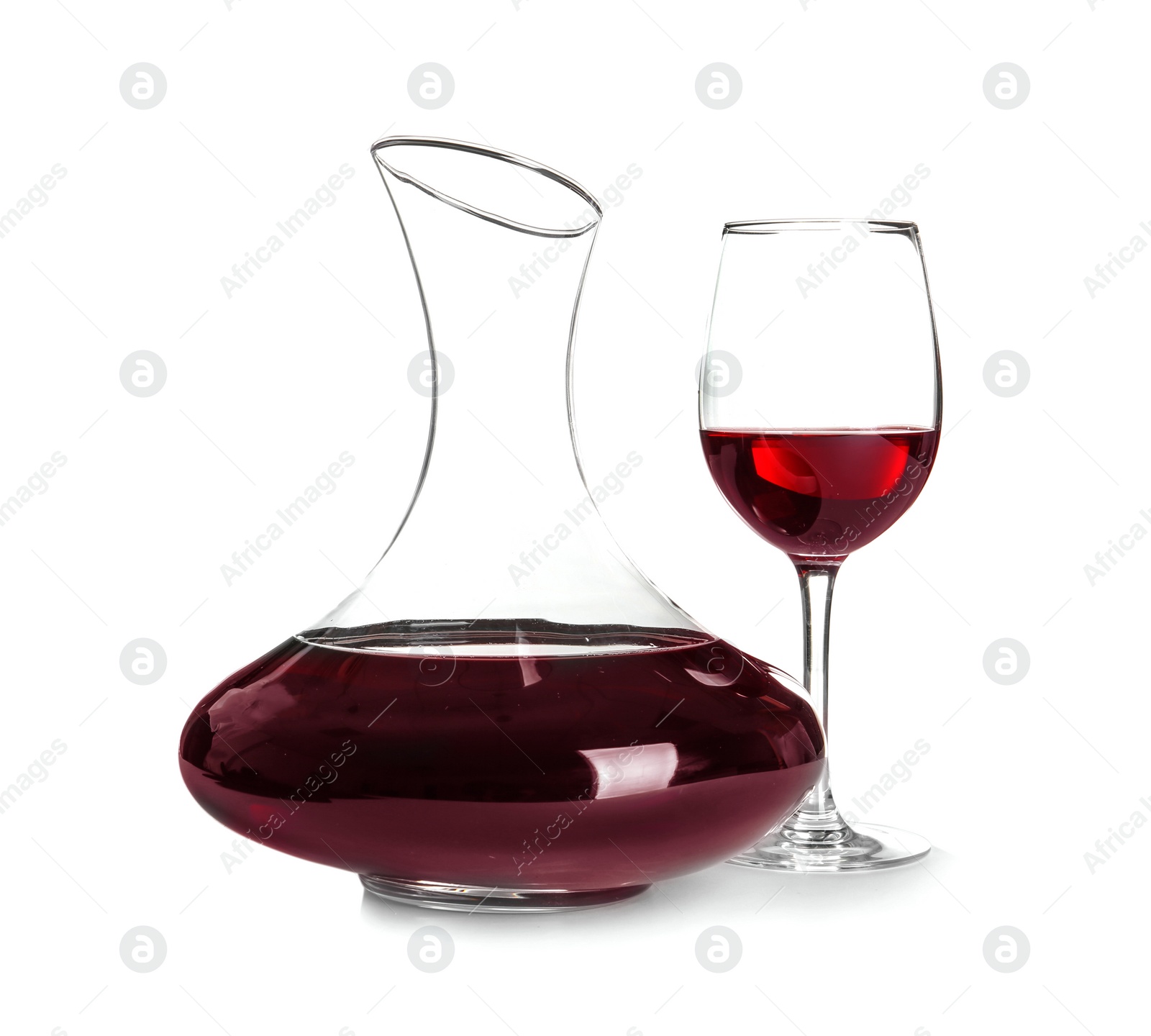 Photo of Elegant decanter and glass with red wine on white background