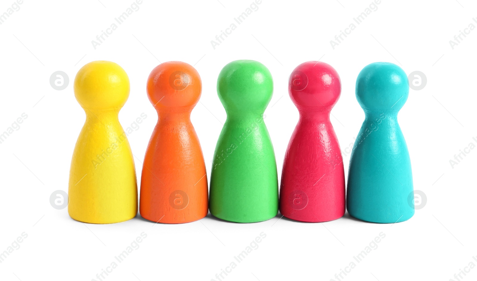 Photo of Colorful pawns on white background. Social inclusion concept