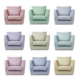 Image of Different colorful armchairs isolated on white, set