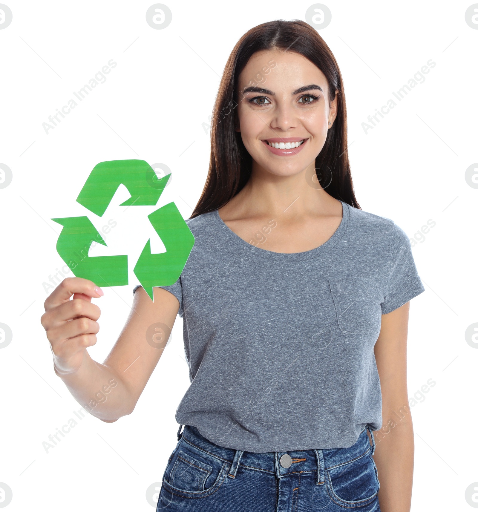 Photo of Young woman with recycling symbol on white background