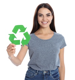 Photo of Young woman with recycling symbol on white background