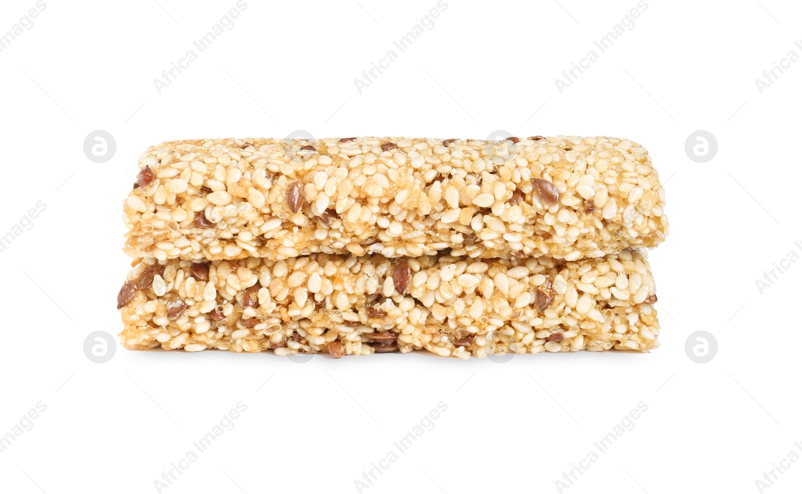 Photo of Tasty sesame seed bars isolated on white