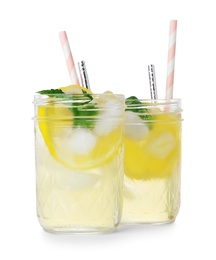 Photo of Natural lemonade with mint on white background. Summer refreshing drink