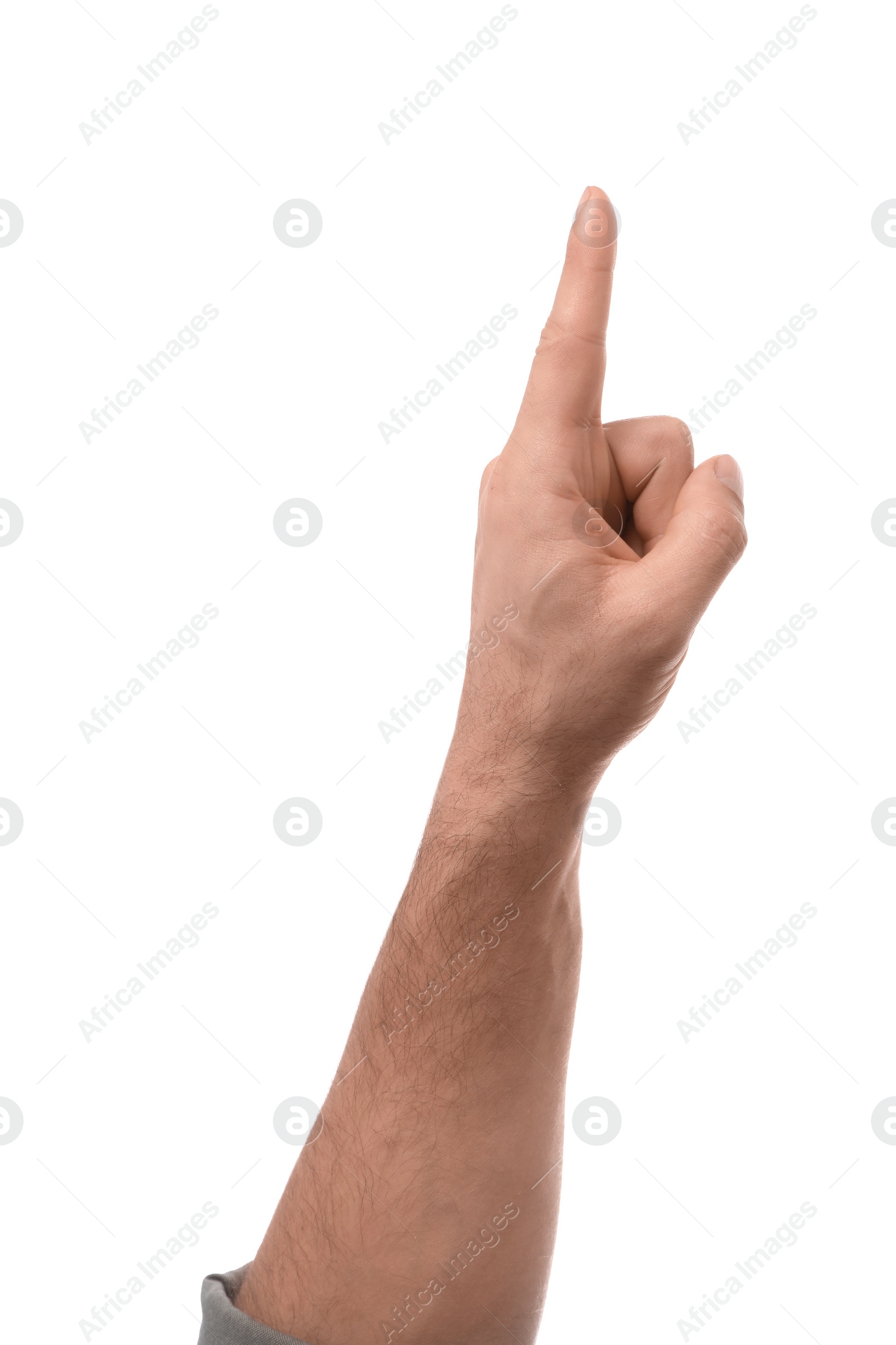 Photo of Man pointing with index finger on white background, closeup