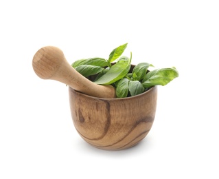 Photo of Mortar with fresh green basil leaves on white background