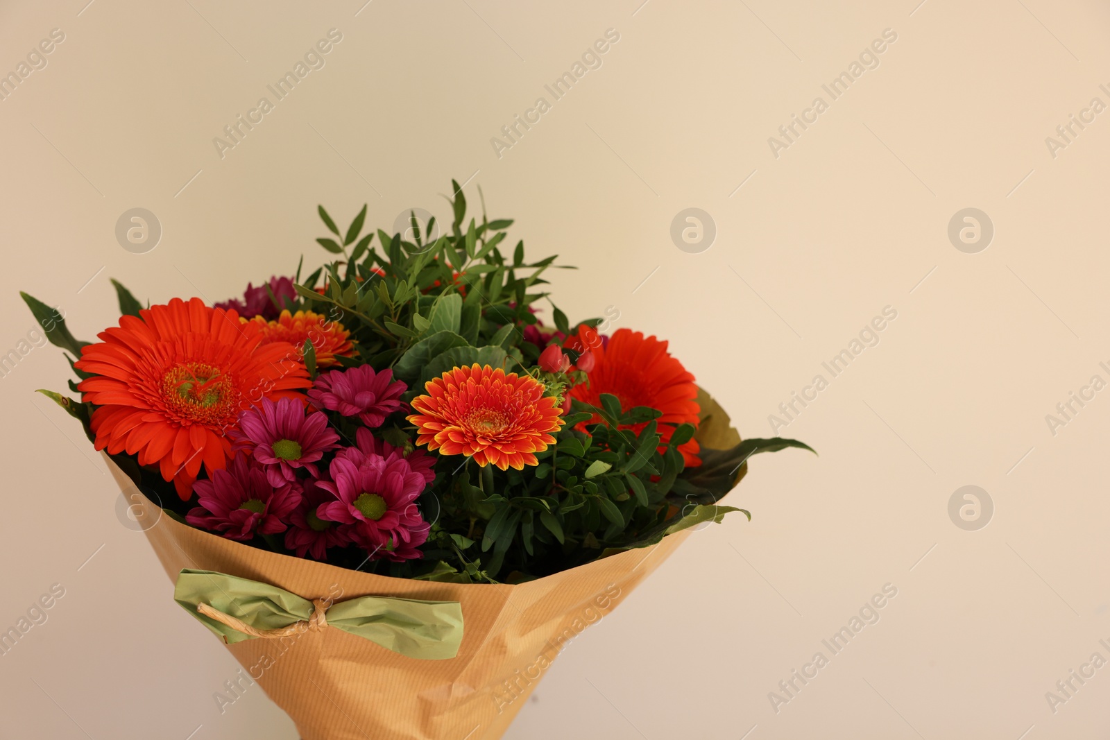 Photo of Bouquet of beautiful flowers on white background, closeup. Space for text