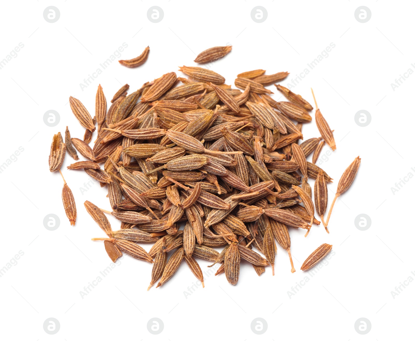 Photo of Heap of aromatic caraway (Persian cumin) seeds isolated on white, top view