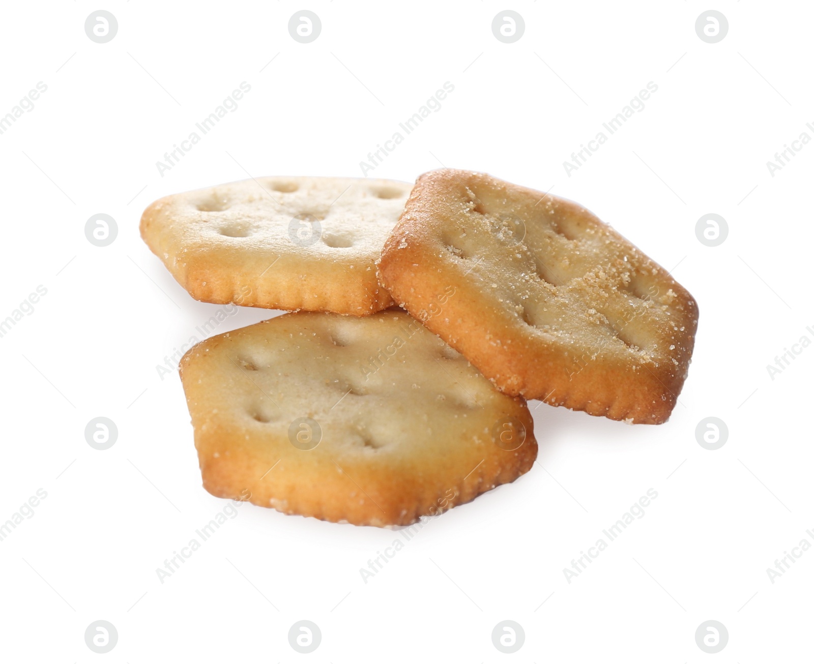 Photo of Crispy crackers isolated on white. Delicious snack