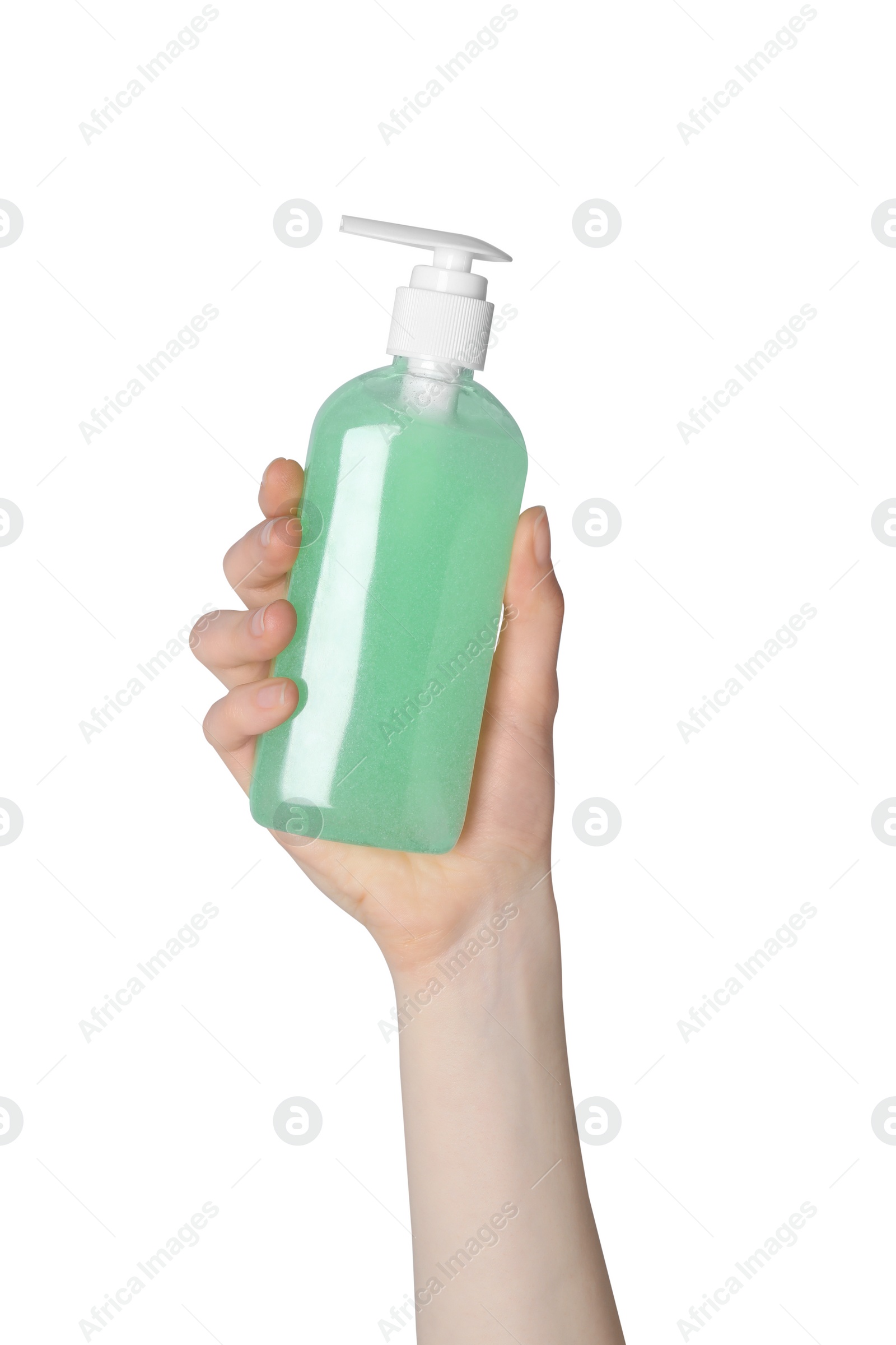 Photo of Woman holding bottle of face cleansing product on white background, closeup